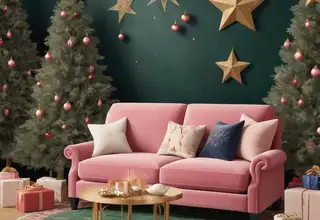 pink sofa against a green wall decorated with golden stars